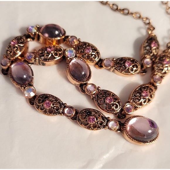 Vintage AVON Pink Glass Cabochon Y Drop Necklace Copper Filigree & Chain 22" - Picture 1 of 12